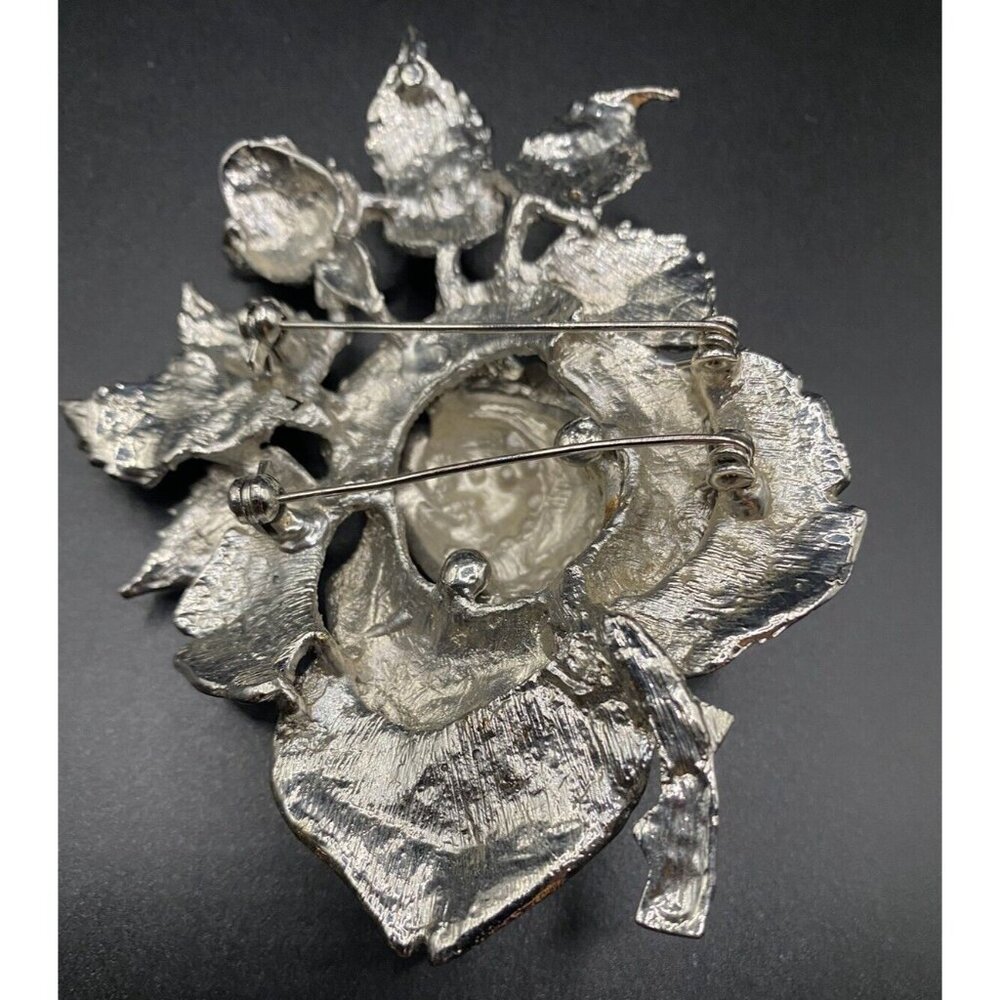 AB Clear Crystal Rose Brooch Huge 4" Silver Tone Thorns Green Leaves Rosebud - Picture 7 of 8